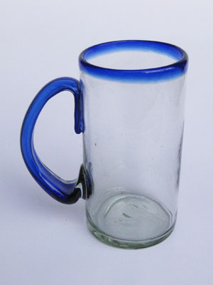MEXICAN GLASSWARE / Cobalt Blue Rim 30 oz Large Beer Mugs (set of 6) / What better way to enjoy freezing cold beer than with these large blue rim mugs? Thick blown glass helps keep low temperature and full flavor, just the way you like it!
